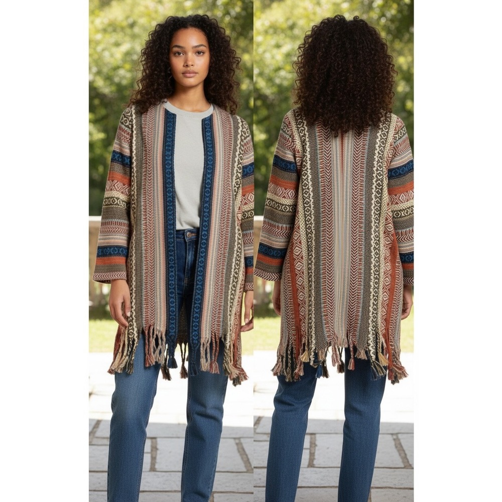 ZARA Woman Boho Fringe Open Front Woven Cardigan Kimono Multicolor Size S